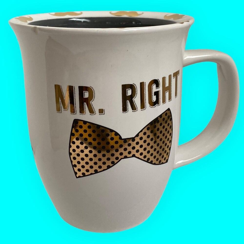 10 Strawberry Street Mr. Right Mug, Mustache Rim 12oz, Wedding Engagement Bowtie